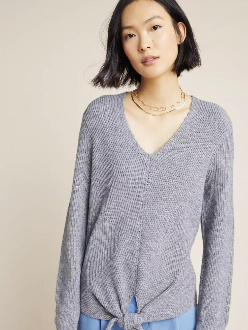 Anthropologie Gray V-Neck Rocio Ribbed Tie-Front Sweater - Size - Small